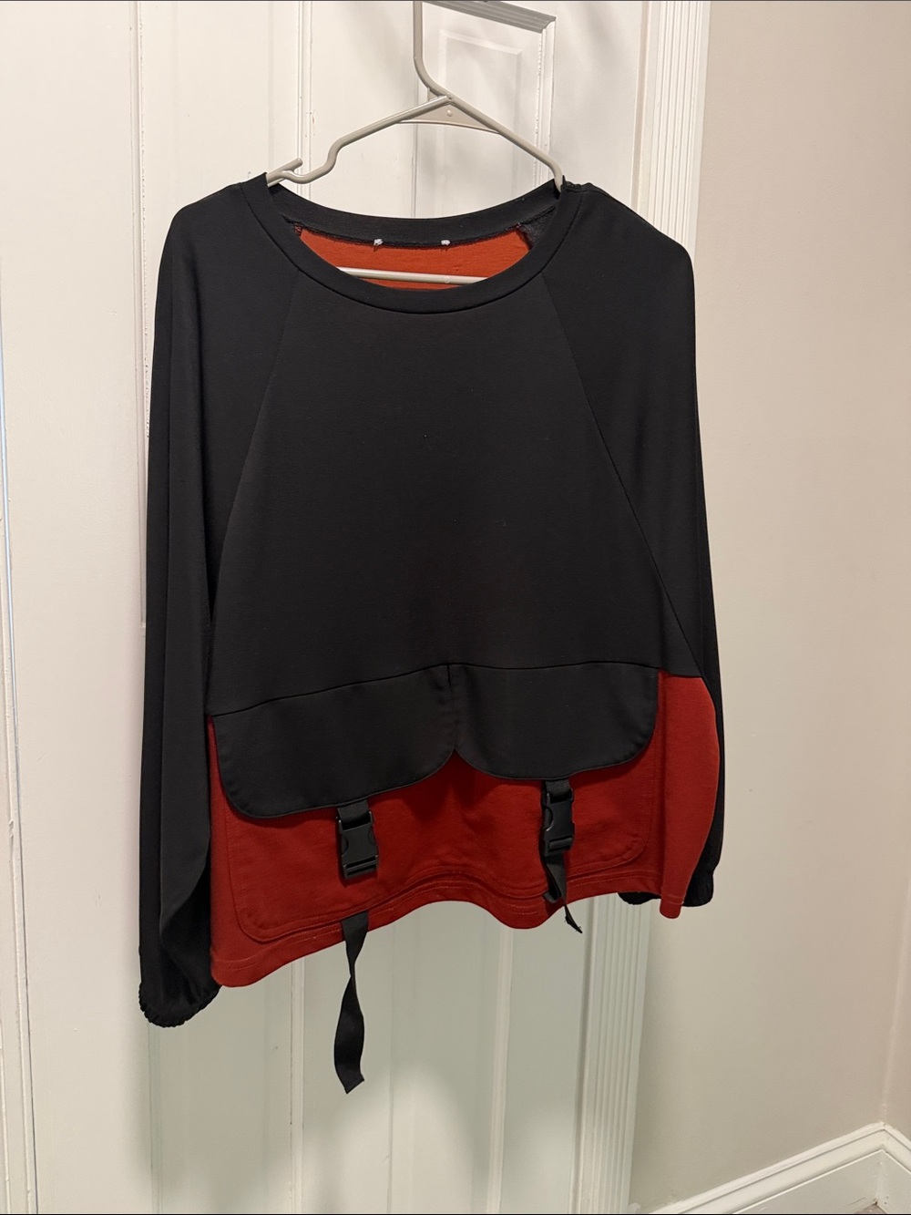 Zara Black and Burgundy Layered Buckle-Detail Crewneck Sweatshirt